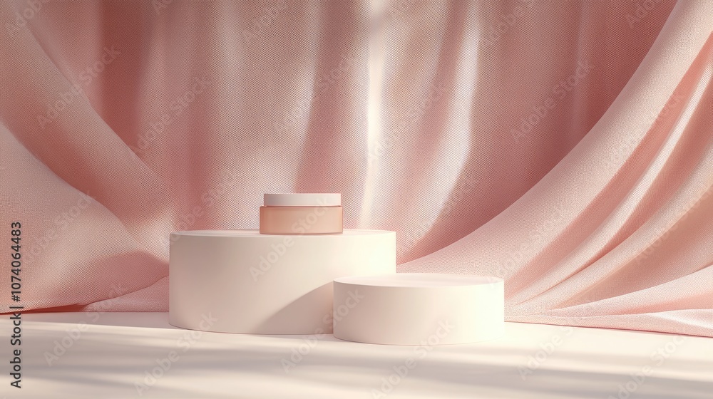Poster 3d rendering of cosmetic mockups featuring a podium for product presentation against a fabric backdr
