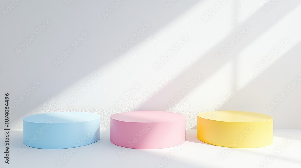 Poster 3d rendering of three podiums in pink blue and yellow arranged for product display on a bright white