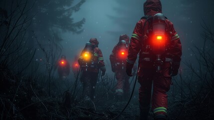 Fototapeta premium Firefighters in Red Suits with Yellow Lights and Oxygen Masks Striding Through Dense Foggy Forest to Locate Lost People
