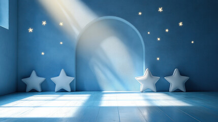 Fototapeta premium minimalist blue room with soft glowing star shapes on wall for calming interior decor