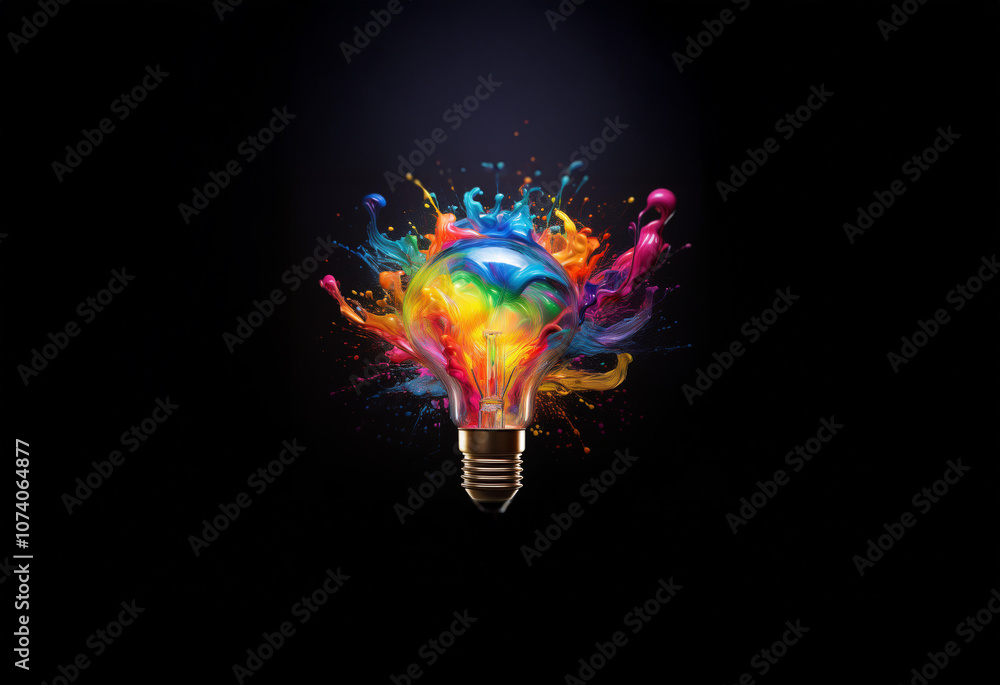 Poster a lightbulb explodes with colorful paint splatters against a dark background.