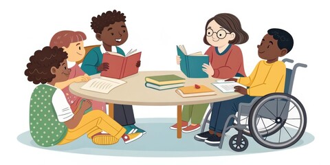 Diverse students and teacher read books at round table, promoting inclusion and education, one student in wheelchair