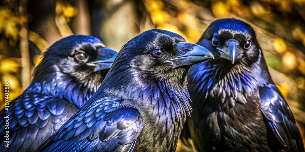 Poster captivating macro photography of three black crows in nature, showcasing their intricate feathers an