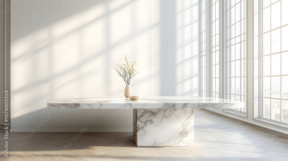 Poster 1. a sleek, modern marble table set in a minimalist high-end interior, with soft natural light strea