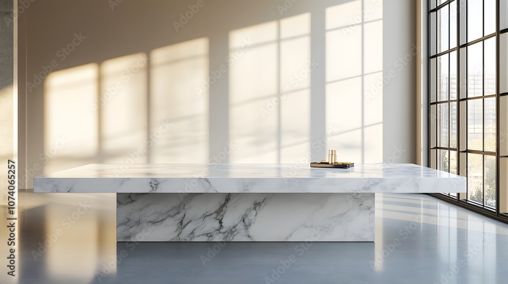 Poster 1. a sleek, modern marble table set in a minimalist high-end interior, with soft natural light strea