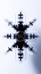 Abstract view of a futuristic device with complex geometric shapes and clear tubes.