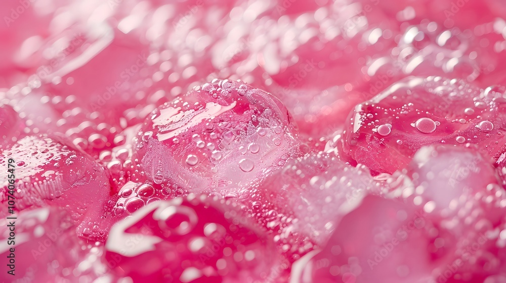 Poster a close-up of pink ice cubes with bubbles, creating a refreshing drink aesthetic.
