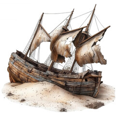Weathered pirate shipwreck stranded on sandy shore, depicting adventure and mystery of the sea in an artistic illustration.