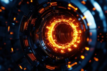 Futuristic abstract technology design with glowing orange lights and circular patterns.