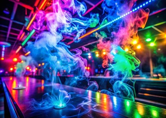 Obraz premium Captivating Neon Lights and Ethereal Smoke Create a Modern Nightclub Atmosphere with Macro Photography, Highlighting Vibrant Colors and Dynamic Textures in an Enchanting Setting