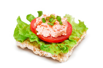 Rice Cake Sandwich with Tomato, Lettuce, Fish Cream and Green Onions - Isolated on White. Easy Breakfast. Diet Food. Quick and Healthy Sandwiches. Crispbread with Tasty Filling - Isolation