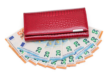 Red Leather Women Purse with Different Euro Banknotes - Isolated on White Background. A Wallet Full of European Union Paper Money Symbolizing Wealth, Success and Social Status - Isolation