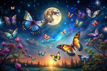 Obraz premium Captivating Night Photography of Easy Watercolor Butterflies Glowing Under the Moonlight, Showcasing Vibrant Colors and Delicate Patterns in a Serene Natural Setting