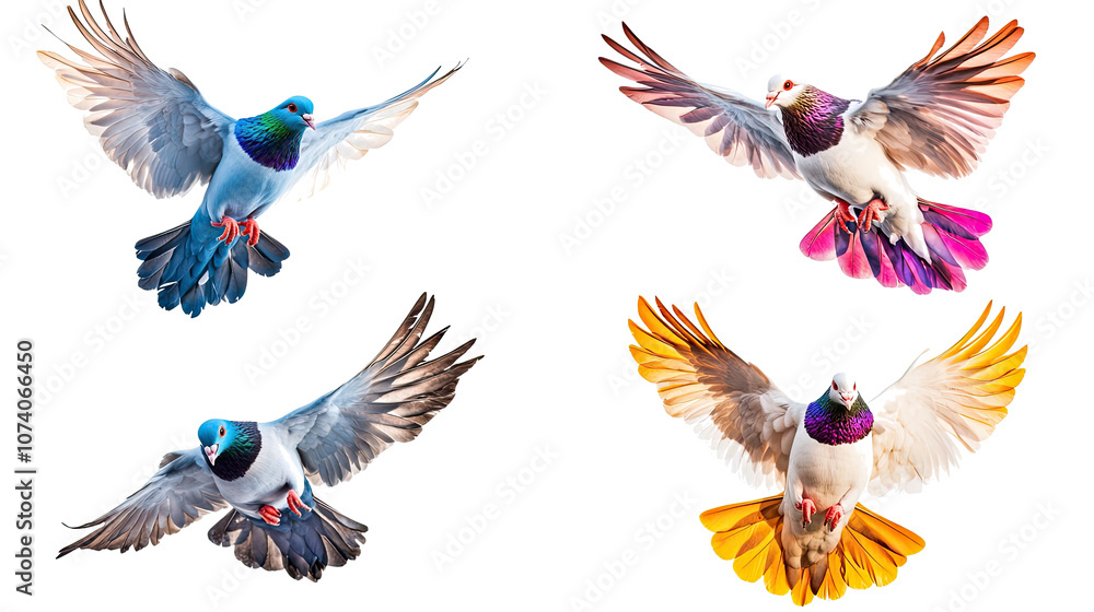 Poster collection of colorful flying doves on a transparent background generative ai