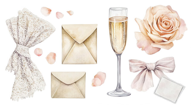 Elegant wedding flat lay with invitation envelopes, champagne glass, rose, and lace ribbons, perfect for romantic event themes.