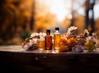 Three amber glass bottles filled with essential oils rest on a wooden table among fall foliage.