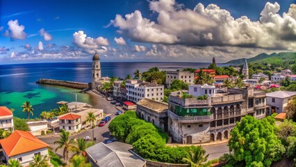Fototapeta premium Captivating Panoramic View of Moroni: A Vibrant Coastal City with Lush Greenery, Turquoise Waters, and Stunning Architecture Under a Cloudless Sky