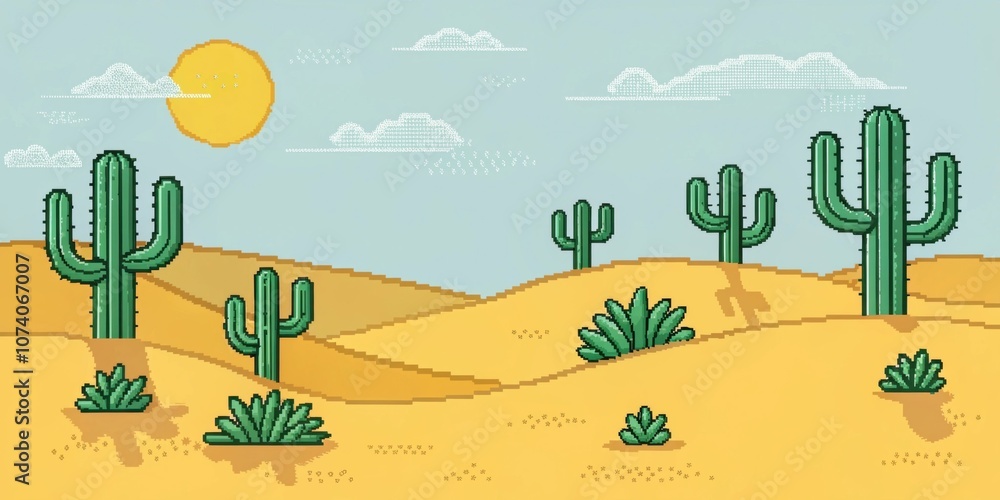 Poster sunkissed cacti a simple landscape featuring several pixelated cacti in various shapes and sizes the