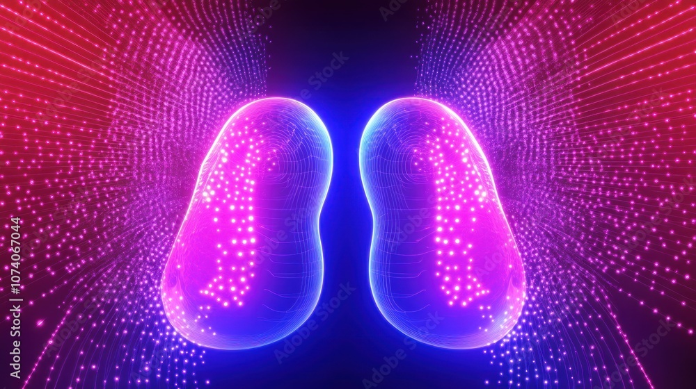 Poster abstract representation of kidneys with glowing effects.