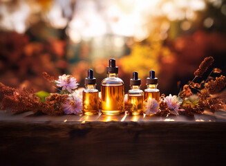 Five glass bottles with droppers filled with a golden liquid are arranged on a wooden surface. The bottles are surrounded by dried flowers and foliage in an autumnal setting.