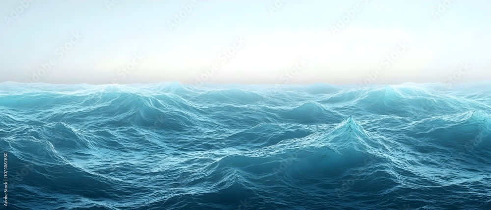 Poster a serene view of azure ocean waves gently rolling under the soft morning light, creating a tranquil 
