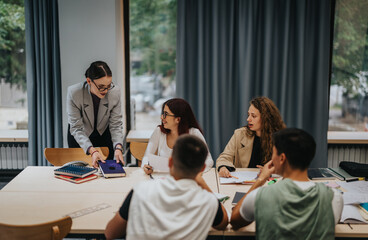 A teacher engages with students during a group study session, promoting collaboration and learning. The classroom setting fosters an educational environment, encouraging knowledge sharing and active