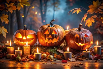 Captivating Real Jack O' Lanterns for Halloween: A Stunning Display of Carved Pumpkins Illuminated Against a Dark Autumn Background, Perfect for Seasonal Decor and Festive Celebrations
