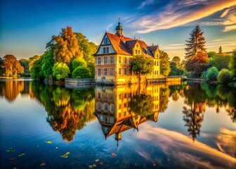 Fototapeta premium Captivating Reflection of an Old Building in Tranquil Waters Beneath a Clear Sky, Showcasing Architectural Elegance and Historical Charm in a Serene Landscape