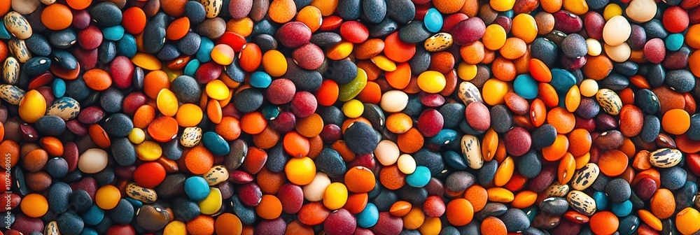 Leinwandbilder A vibrant arrangement of various colorful beans, lentils, and seeds forming an abstract pattern, emphasizing their shapes and textures. Generative AI