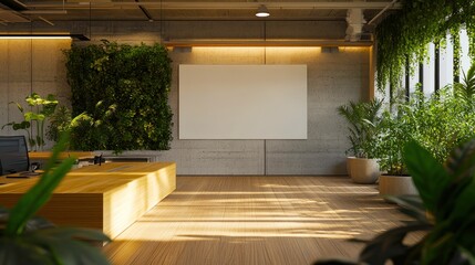 Fototapeta premium Modern office space featuring greenery and a blank presentation area.