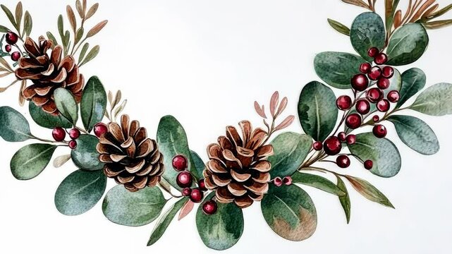 A watercolor painting of a festive evergreen wreath with pine cones and red berries