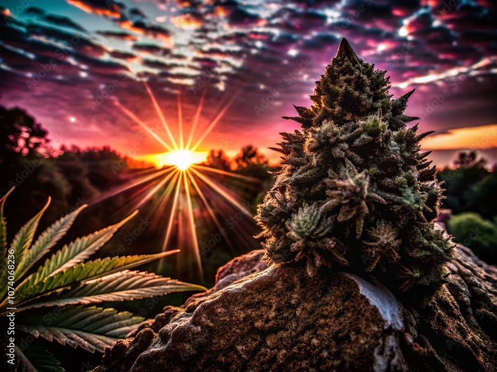 Poster captivating silhouette of crystalline hash with intricate patterns against a vibrant sunset backgrou