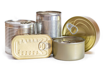 A Group of Stacked Tin Cans with Blank Edges Isolated on White Background. Canned Food. Different Aluminum Cans for Safe and Long Term Storage of Food. Steel Sealed Food Storage Containers - Isolation