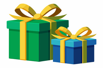  Nicely wrapped green and blue Christmas gift boxes with gold ribbons and bow 