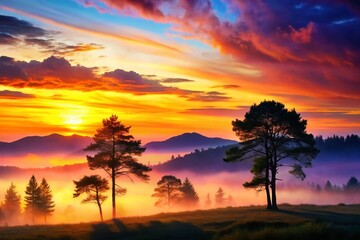 Fototapeta premium Captivating Silhouette Photography of Watercolor Landscapes at Sunrise with Vibrant Hues and Soft Edges, Perfect for Artistic Displays and Nature-Inspired Decor