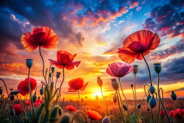 Obraz premium Captivating Silhouette Photography of Watercolor Poppies Against a Soft Sunset Background, Perfect for Nature Lovers and Art Enthusiasts Seeking Unique Wall Decor