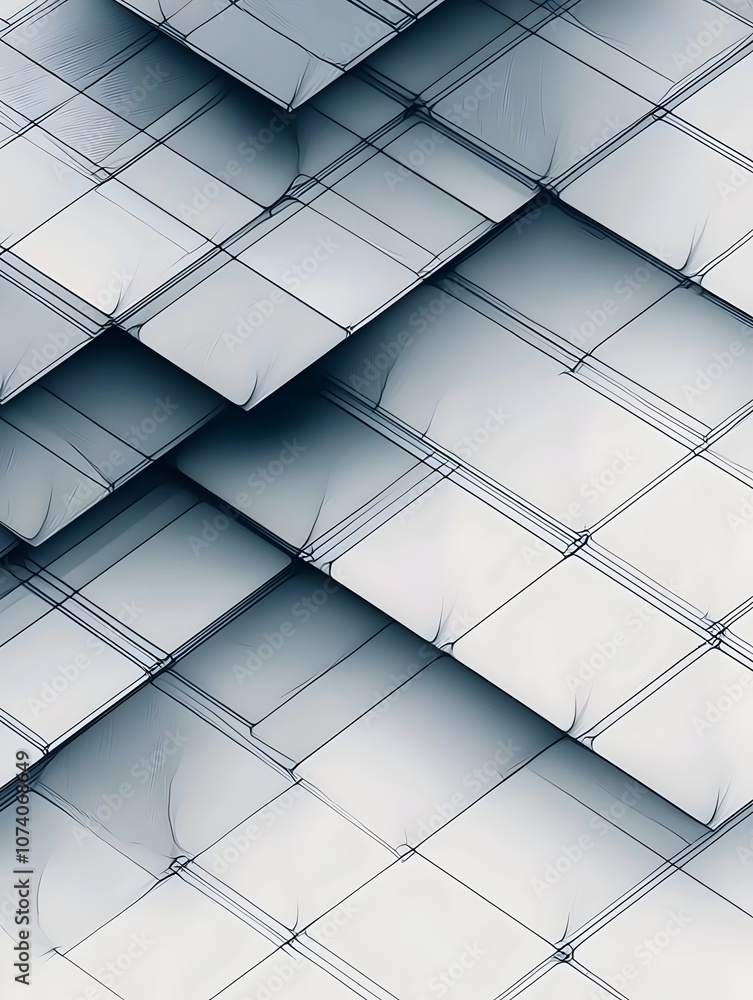 Poster An abstract close-up of layered geometric shapes in shades of blue and gray, creating a modern and dynamic visual texture that evokes depth and movement.