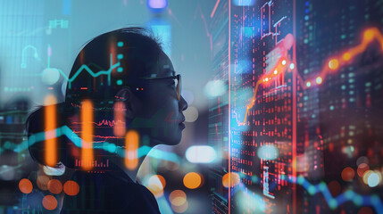 A Focused Individual Analyzes Financial Data Trends on a Digital Screen in a Modern Office Setting During Evening Hours