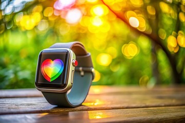 Captivating Tilt-Shift Photography of a Fitness Smartwatch Showcasing Heart Rate and Activity Metrics on a Vibrant Background for Fitness Enthusiasts