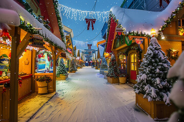 Villa Noel Christmas village with vibrant snow-covered houses and a joyful atmosphere created by Santa's magical elves