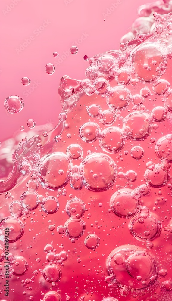 Poster a close-up of bubbles in pink liquid, creating a vibrant and refreshing visual effect.