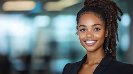 Fototapeta premium confident woman smiling in professional setting, showcasing her charm and poise.