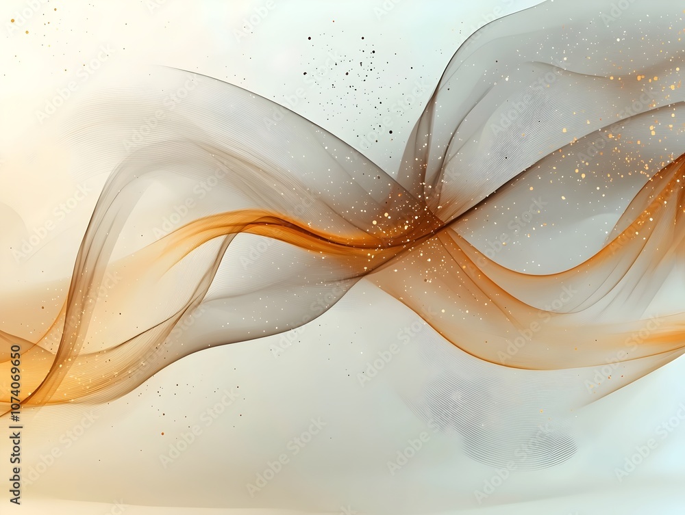 Poster an elegant abstract composition featuring flowing waves of soft orange and gray hues, creating a dre