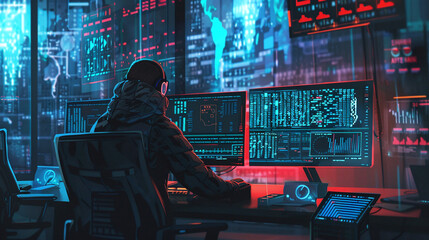 A Cybersecurity Expert Analyzes Data in a High-Tech Command Center Filled With Digital Displays and Glowing Interfaces During the Night