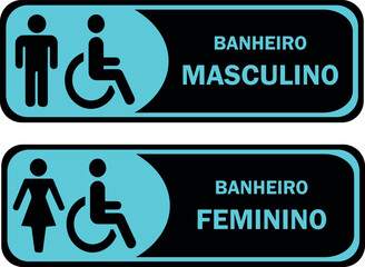 Placas para Banheiro Retangular, Masculino e Feminino. Nos tons Preto e Azul.