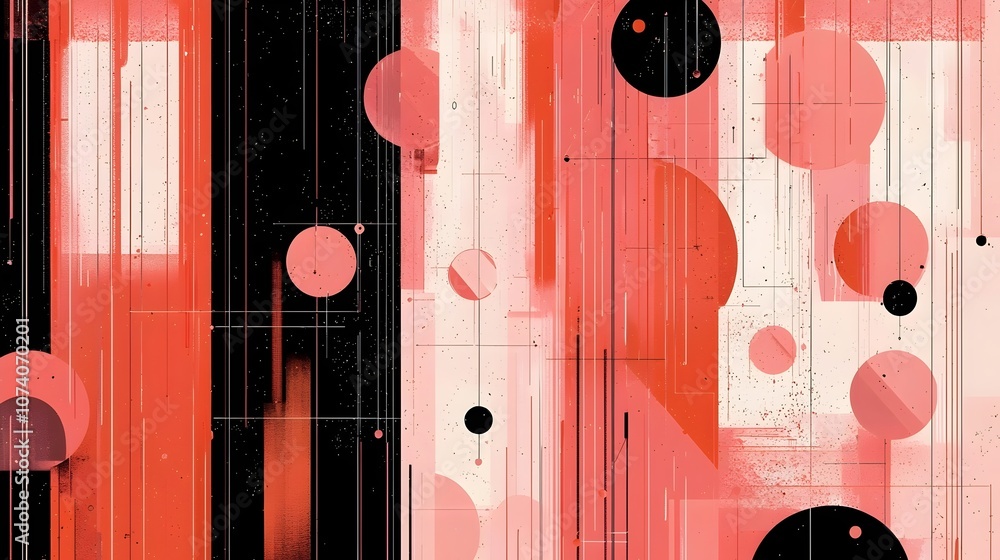Poster an abstract digital artwork featuring a composition of varying sizes of circles in shades of red, bl