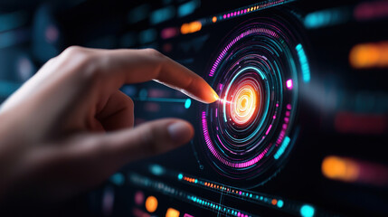 Futuristic interface with hand interacting with glowing digital display.