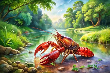 Captivating Watercolor Artwork of Crawfish in a Vibrant Southern Setting, Showcasing Rich Textures and Fluid Colors with a Focus on Nature's Bounty and Culinary Delights
