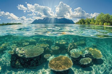 Underwater View of Coral Reef with Mountainous Island in Background