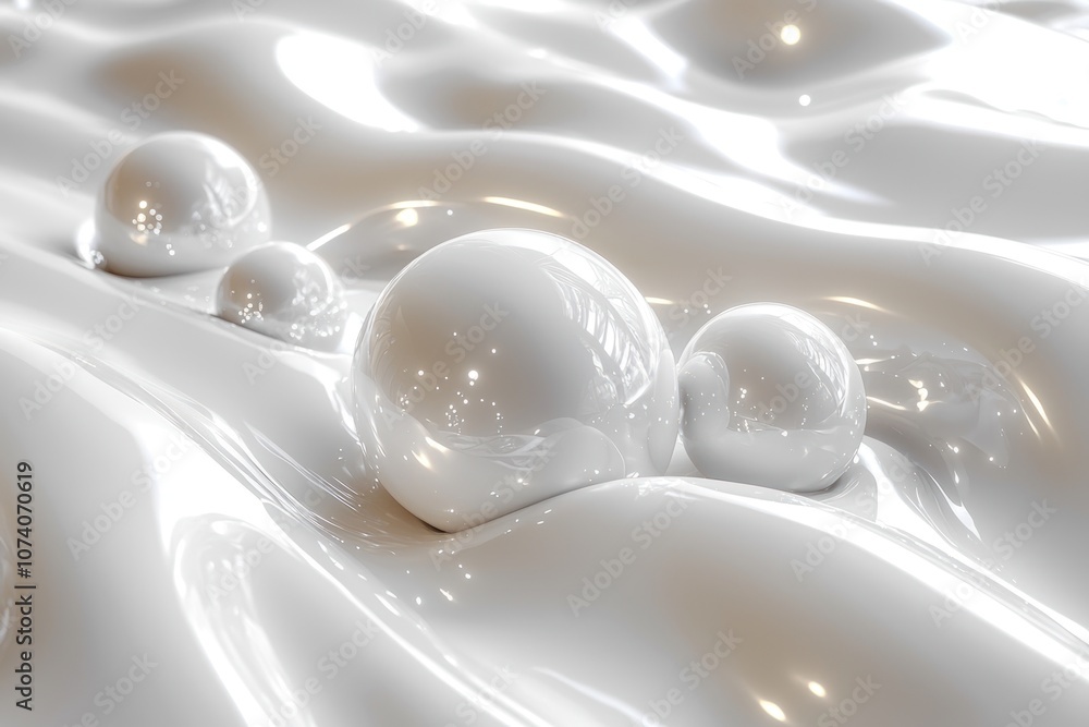 Poster glossy white spheres resting on a smooth wavy surface